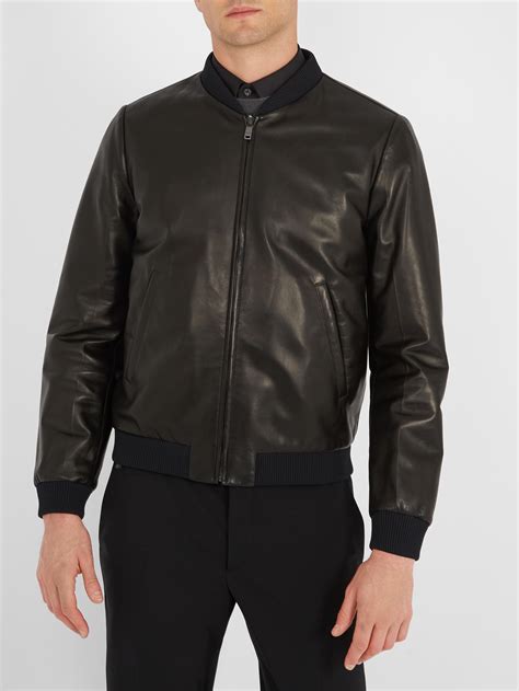 prada men's black leather jacket|Prada nylon bomber jacket.